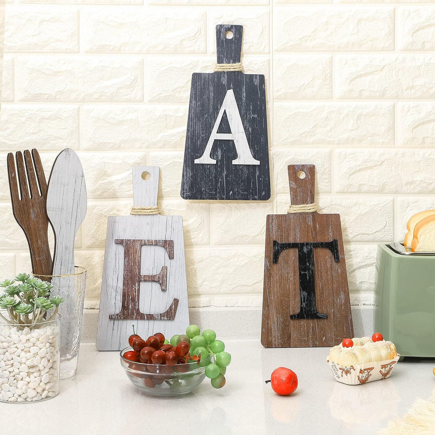  Jetec Cutting Board Eat Sign Set Hanging Art Kitchen Eat Sign  Fork and Spoon Wall Decor Rustic Primitive Country Farmhouse Kitchen Decor  for Kitchen and Home Decoration () : Home 